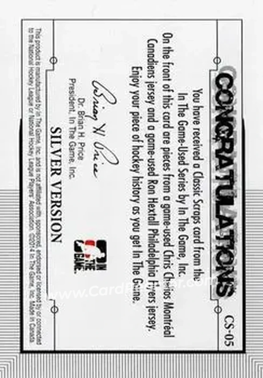 2013-14 In The Game Used - Classic Scraps Dual Memorabilia Silver #CS-05 - Chris Chelios - Ron Hextall MEM, PR50 - Montreal Canadiens - Philadelphia Flyers - Back 2013-14 In The Game Used - Classic Scraps Dual Memorabilia Silver #CS-05 - Chris Chelios - Ron Hextall MEM, PR50 - Montreal Canadiens - Philadelphia Flyers - Back