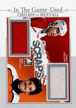 2013-14 In The Game Used - Classic Scraps Dual Memorabilia Silver #CS-05 - Chris Chelios - Ron Hextall MEM, PR50 - Montreal Canadiens - Philadelphia Flyers