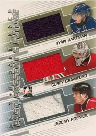 2013-14 In The Game Used #PPF-07 Past Present and Future Silver Version Jeremy Roenick - Corey Crawford - Ryan Hartman MEM, PR60 - Plymouth Whalers - Chicago Blackhawks