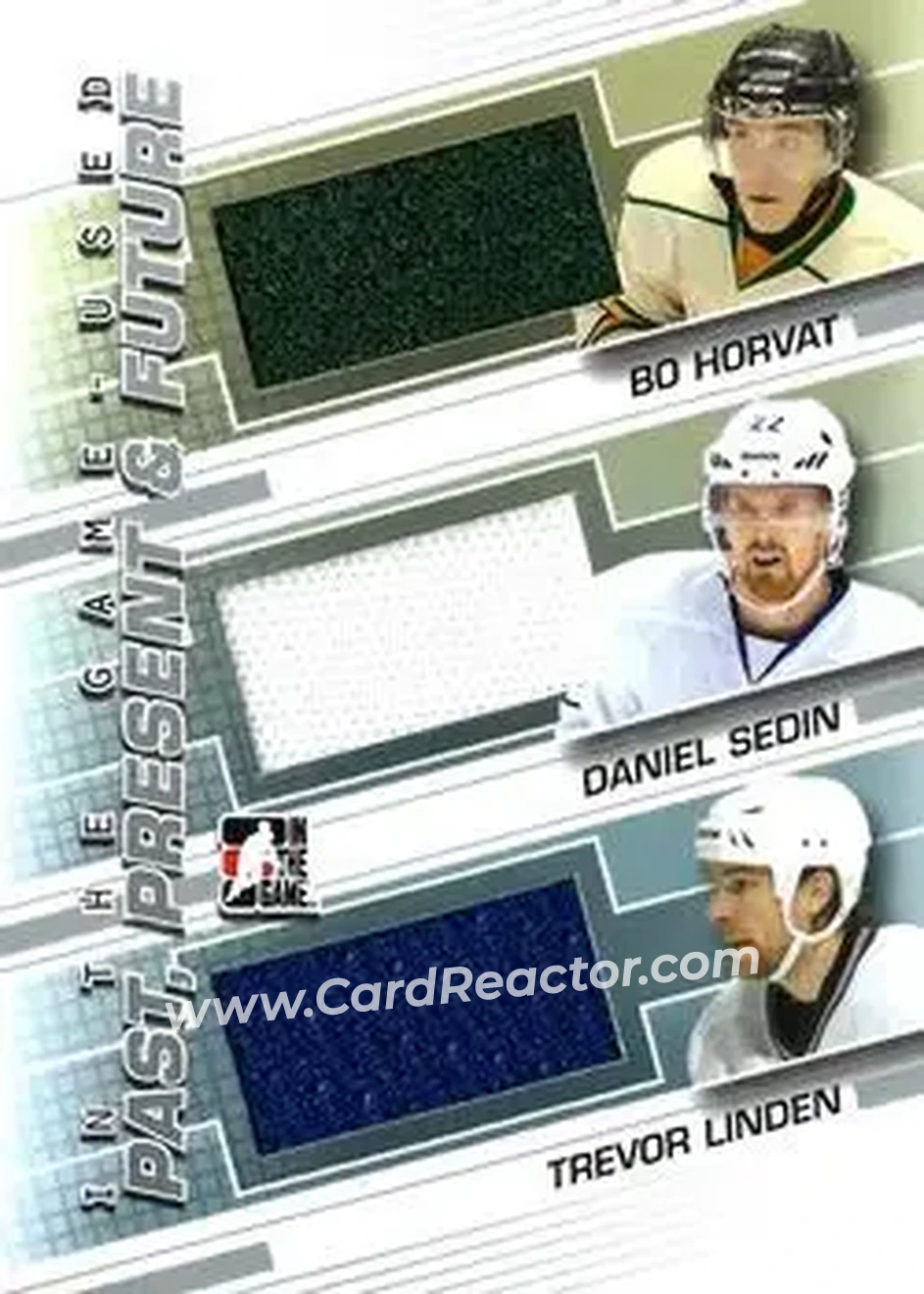 2013-14 In The Game Used - Past Present and Future Silver Version #PPF-08 - Trevor Linden - Daniel Sedin - Bo Horvat MEM, PR60 - London Knights - Vancouver Canucks - Front