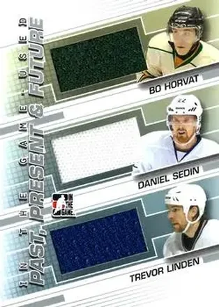 2013-14 In The Game Used #PPF-08 Past Present and Future Silver Version Trevor Linden - Daniel Sedin - Bo Horvat MEM, PR60 - London Knights - Vancouver Canucks