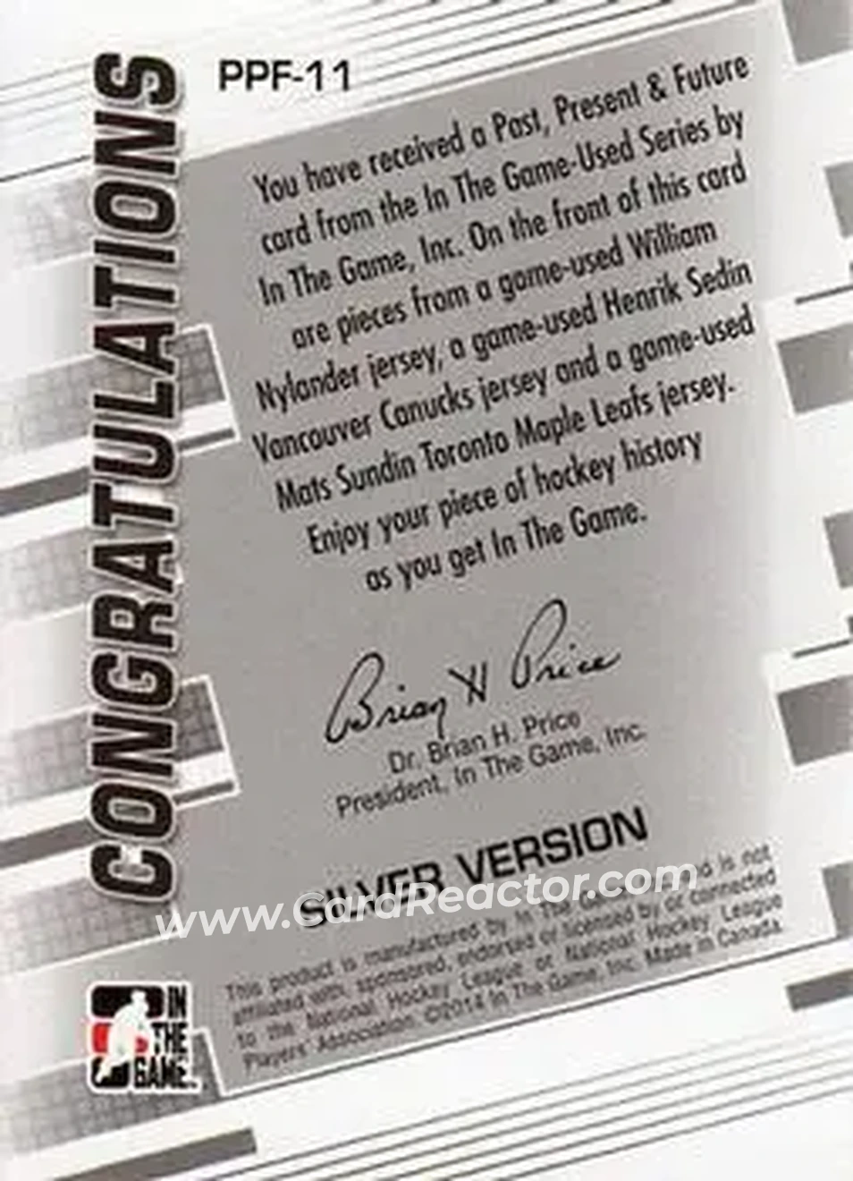 2013-14 In The Game Used - Past Present and Future Silver Version #PPF-11 - Mats Sundin - Henrik Sedin - William Nylander MEM, PR60 - MoDo - Vancouver Canucks - Toronto Maple Leafs - Back