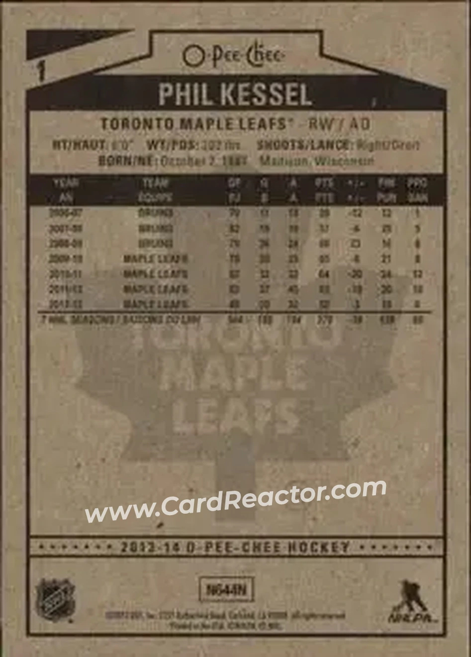 2013-14 O-Pee-Chee #1 - Phil Kessel - Toronto Maple Leafs - Back