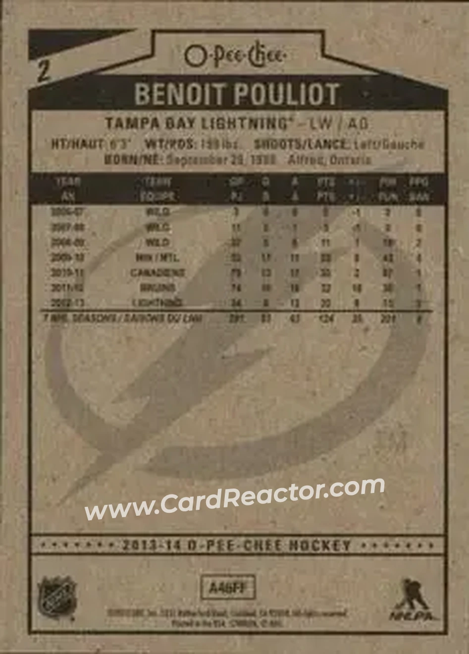 2013-14 O-Pee-Chee #2 - Benoit Pouliot - Tampa Bay Lightning - Back