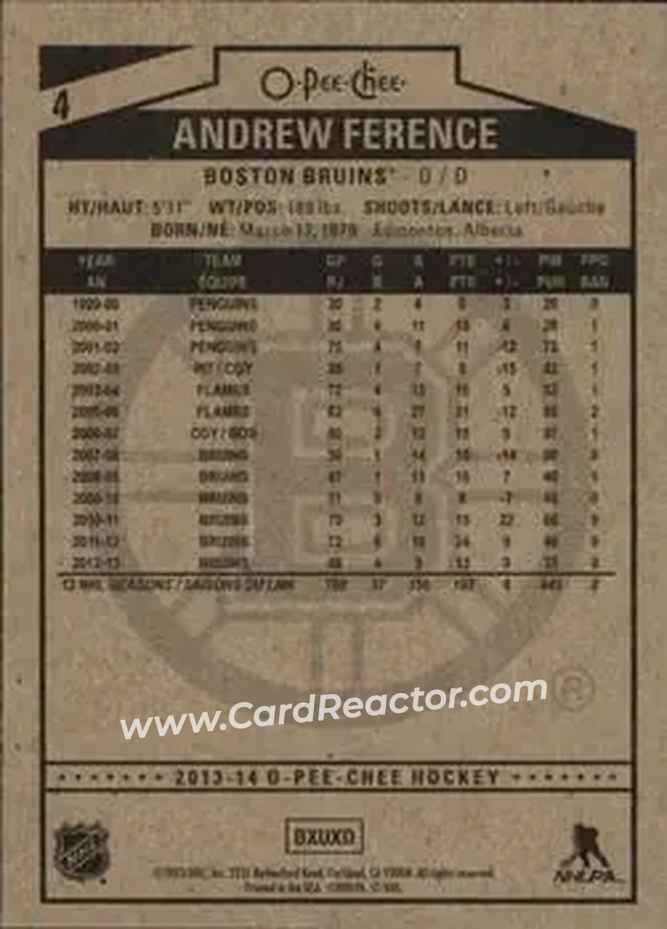 2013-14 O-Pee-Chee #4 - Andrew Ference - Boston Bruins - Back