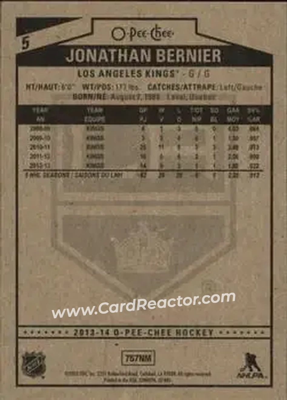 2013-14 O-Pee-Chee #5 - Jonathan Bernier - Los Angeles Kings - Back