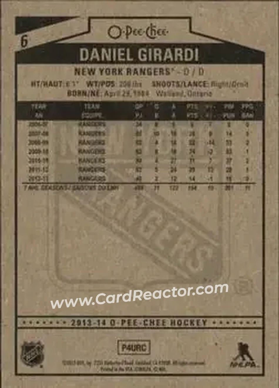 2013-14 O-Pee-Chee #6 - Daniel Girardi - New York Rangers - Back