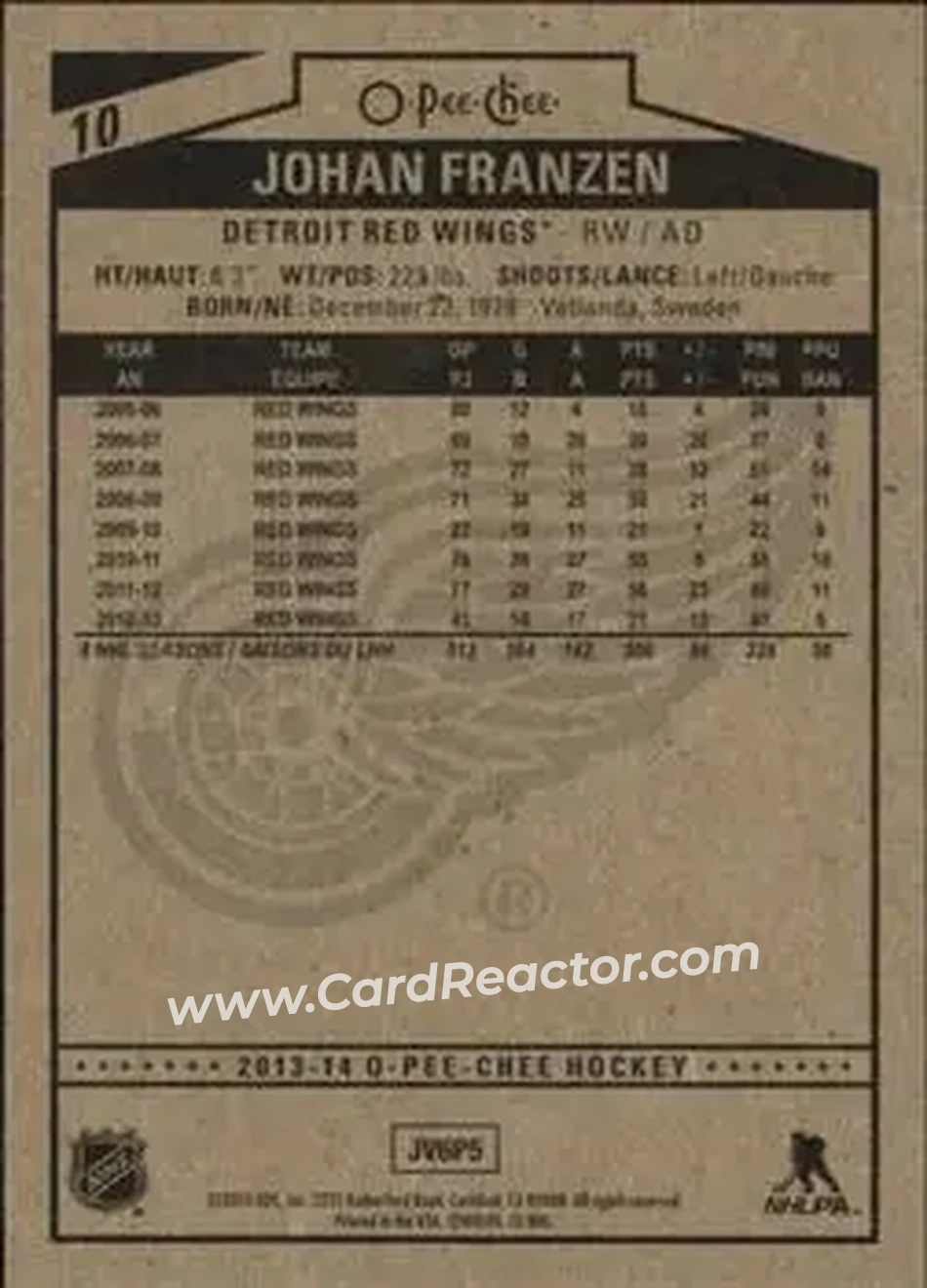 2013-14 O-Pee-Chee #10 - Johan Franzen - Detroit Red Wings - Back