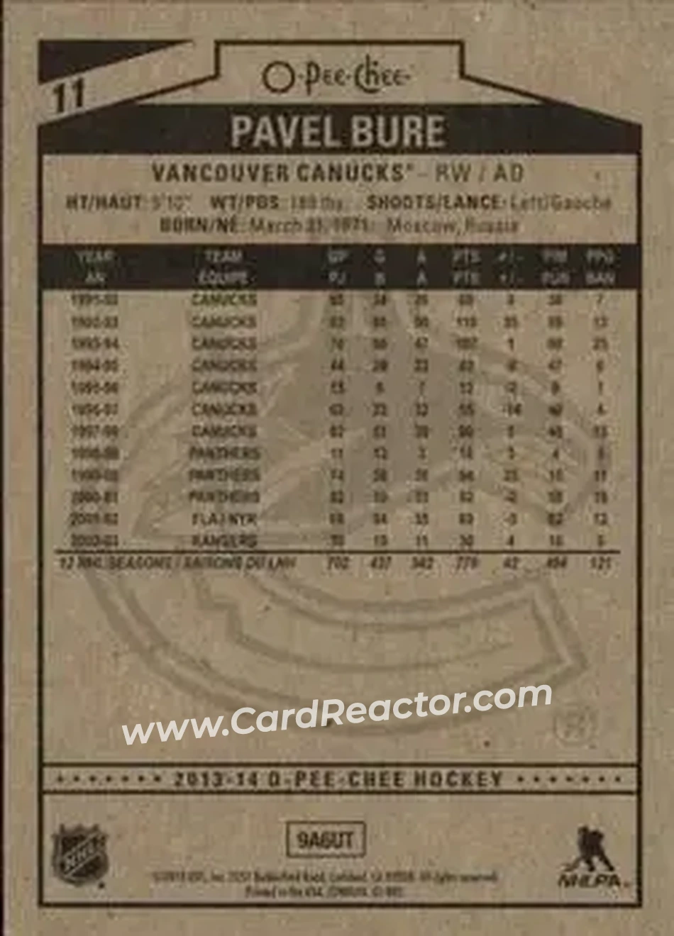 2013-14 O-Pee-Chee #11 - Pavel Bure - Vancouver Canucks - Back