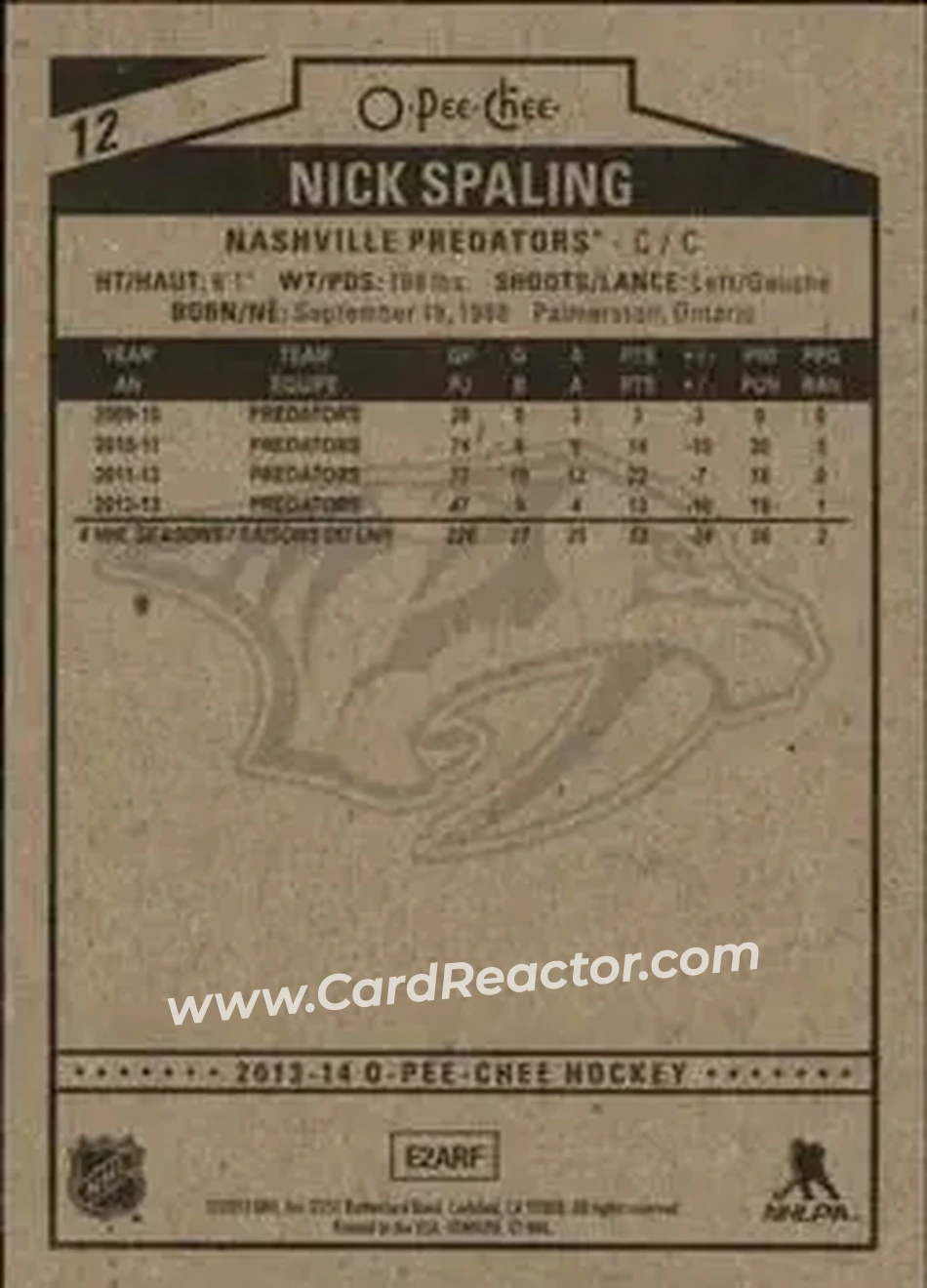 2013-14 O-Pee-Chee #12 - Nick Spaling - Nashville Predators - Back
