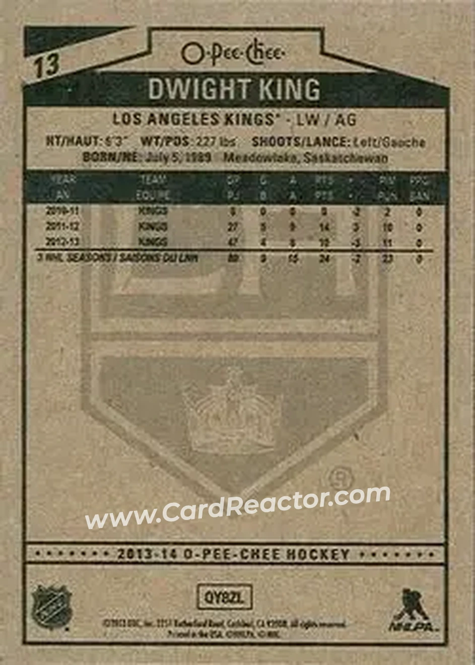 2013-14 O-Pee-Chee #13 - Dwight King - Los Angeles Kings - Back