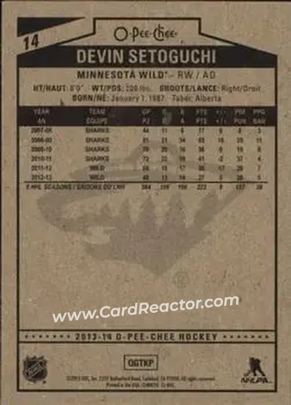 2013-14 O-Pee-Chee #14 - Devin Setoguchi - Minnesota Wild - Back