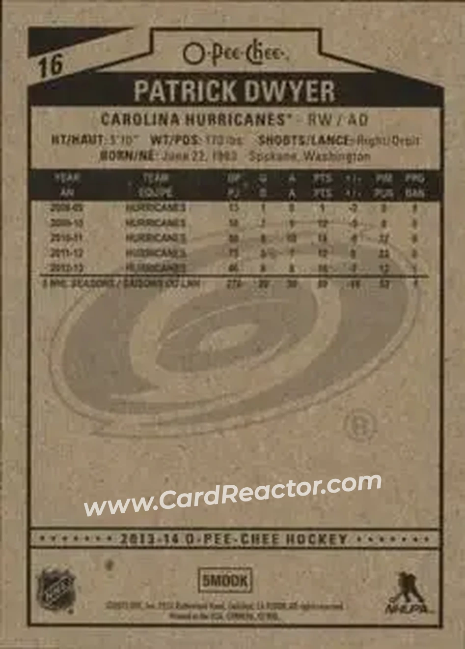 2013-14 O-Pee-Chee #16 - Patrick Dwyer - Carolina Hurricanes - Back