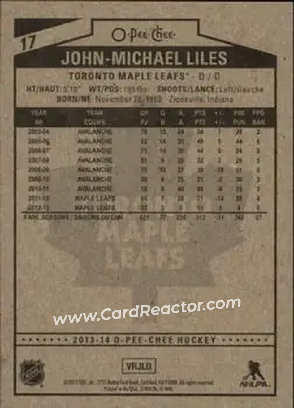 2013-14 O-Pee-Chee #17 - John-Michael Liles - Toronto Maple Leafs - Back