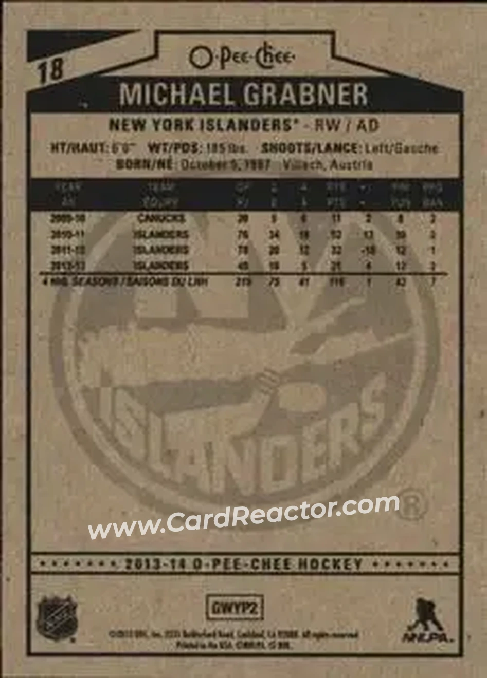 2013-14 O-Pee-Chee #18 - Michael Grabner - New York Islanders - Back