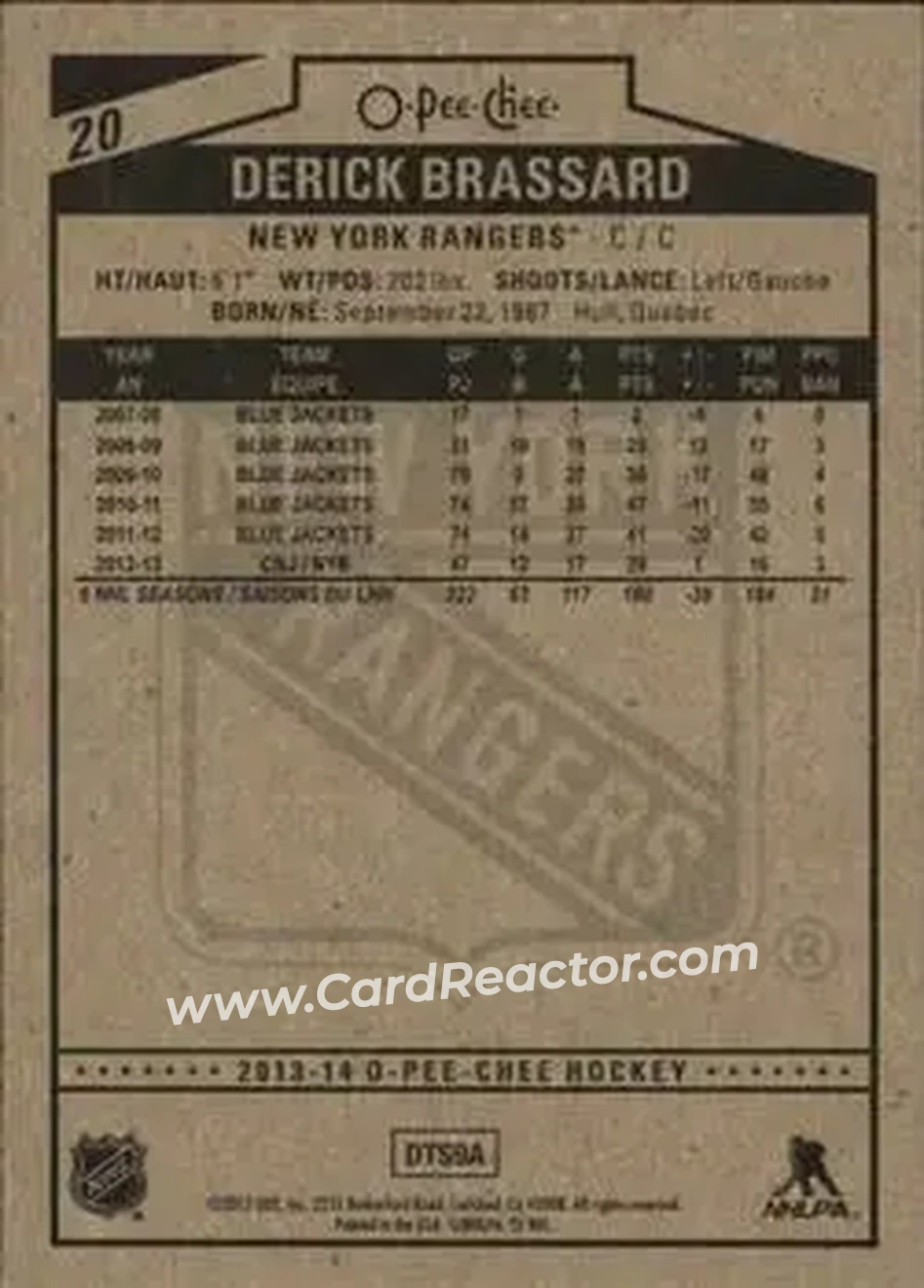 2013-14 O-Pee-Chee #20 - Derick Brassard - New York Rangers - Back