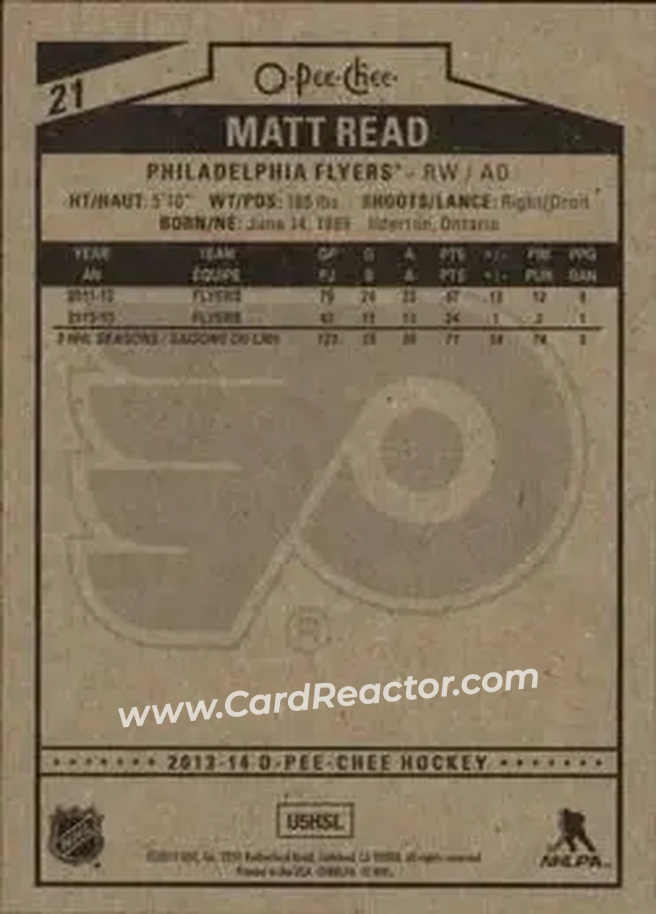 2013-14 O-Pee-Chee #21 - Matt Read - Philadelphia Flyers - Back