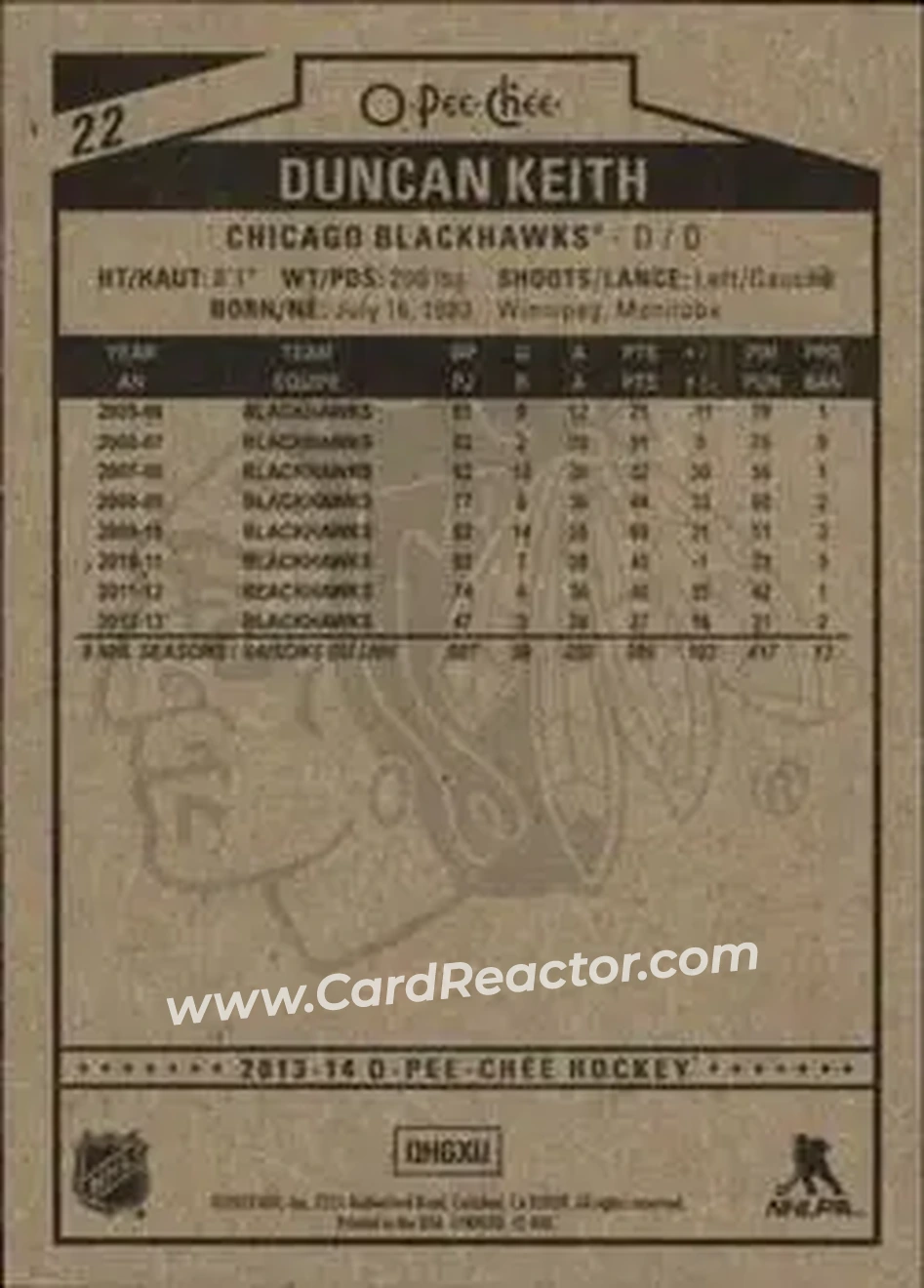2013-14 O-Pee-Chee #22 - Duncan Keith - Chicago Blackhawks - Back