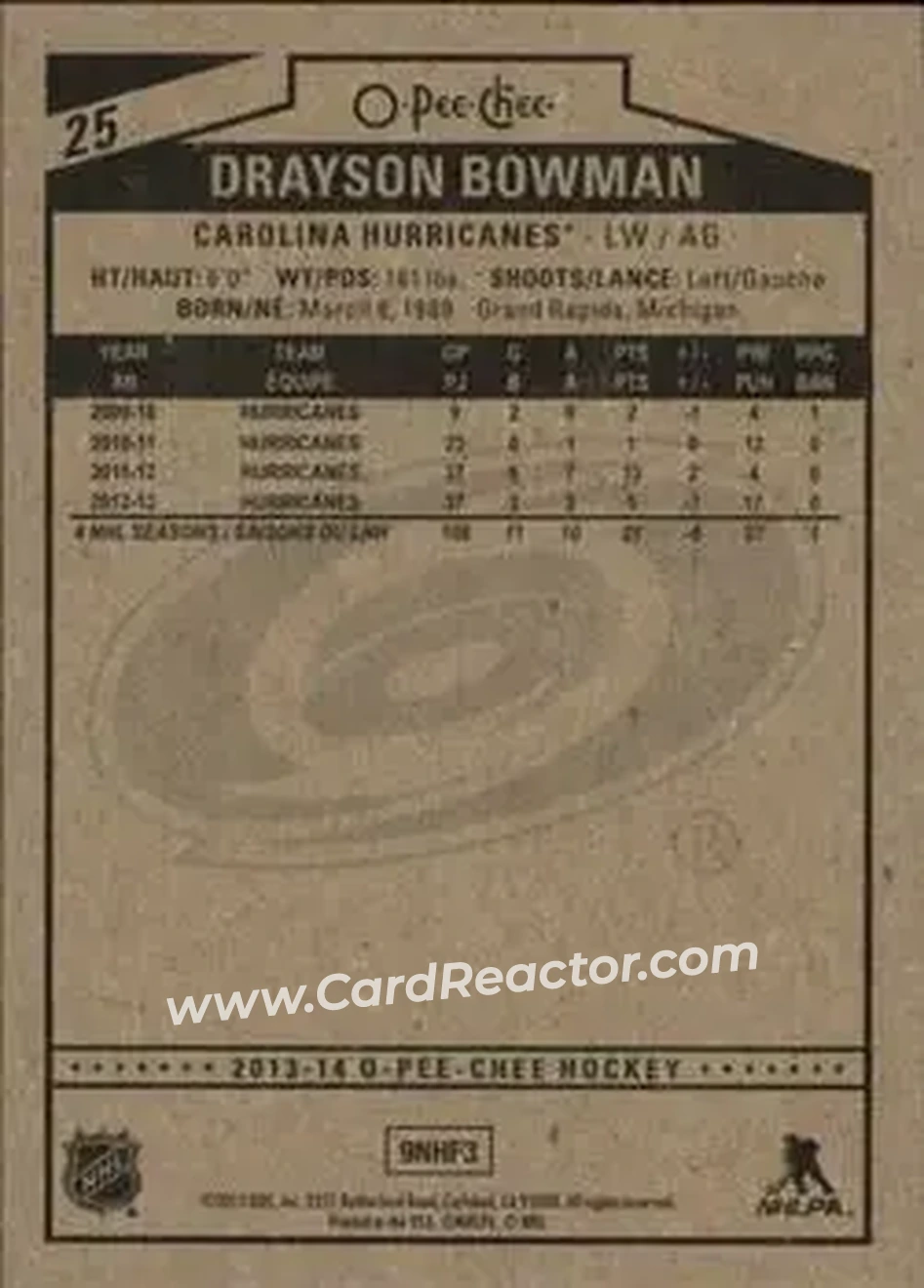 2013-14 O-Pee-Chee #25 - Drayson Bowman - Carolina Hurricanes - Back
