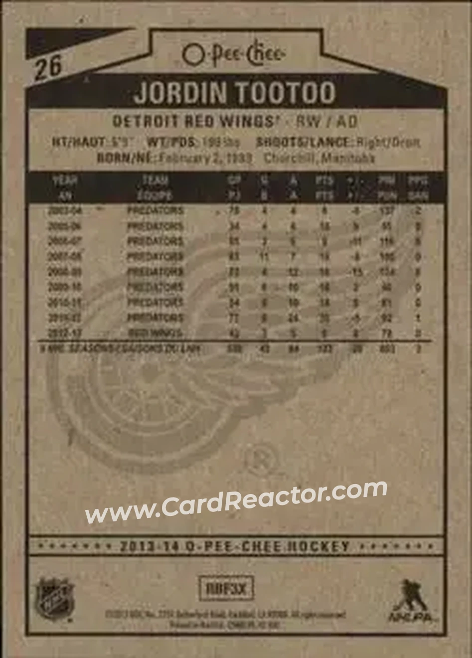 2013-14 O-Pee-Chee #26 - Jordin Tootoo - Detroit Red Wings - Back