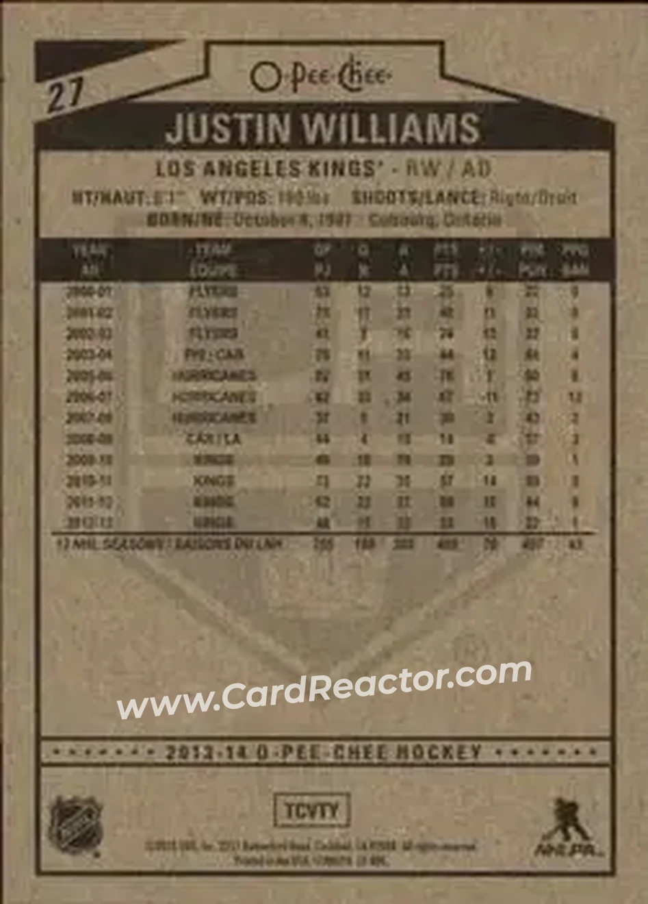 2013-14 O-Pee-Chee #27 - Justin Williams - Los Angeles Kings - Back