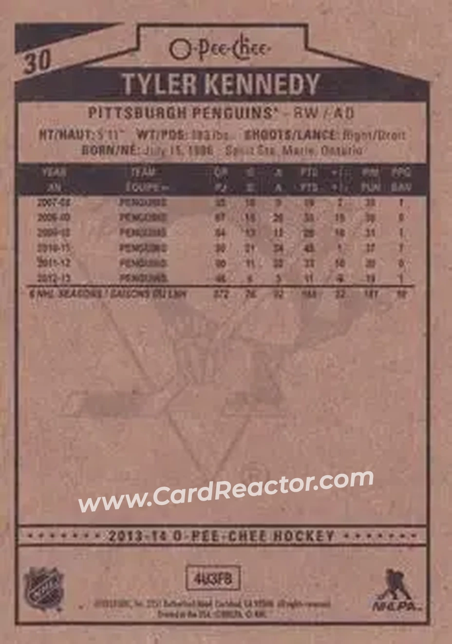 2013-14 O-Pee-Chee #30 - Tyler Kennedy - Pittsburgh Penguins - Back