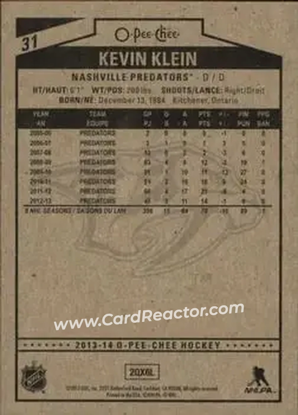 2013-14 O-Pee-Chee #31 - Kevin Klein - Nashville Predators - Back