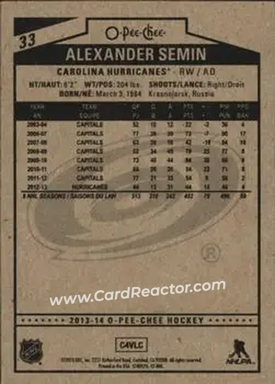 2013-14 O-Pee-Chee #33 - Alexander Semin - Carolina Hurricanes - Back