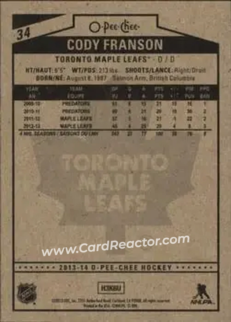 2013-14 O-Pee-Chee #34 - Cody Franson - Toronto Maple Leafs - Back