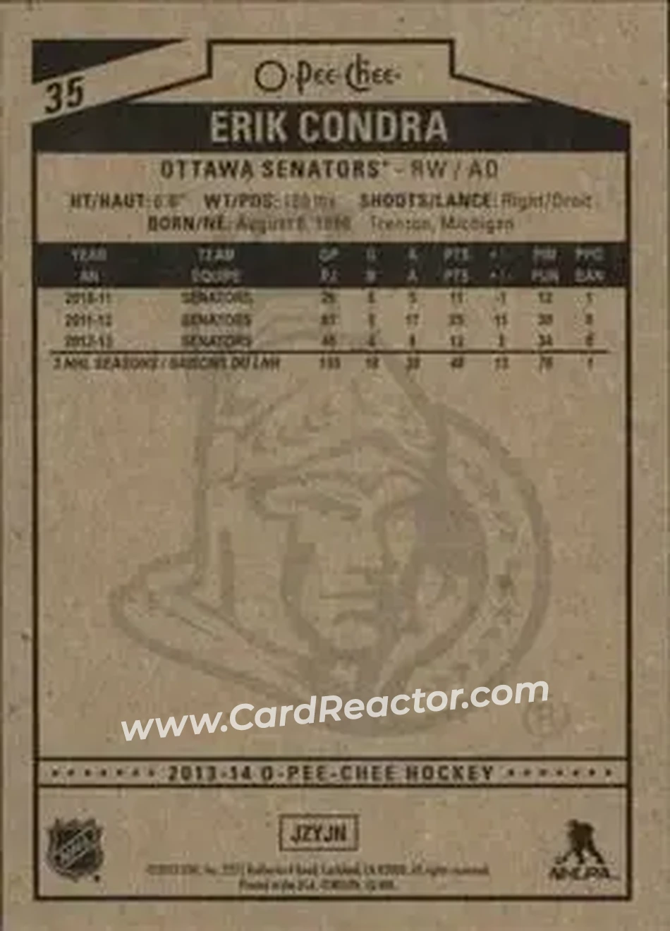 2013-14 O-Pee-Chee #35 - Erik Condra - Ottawa Senators - Back