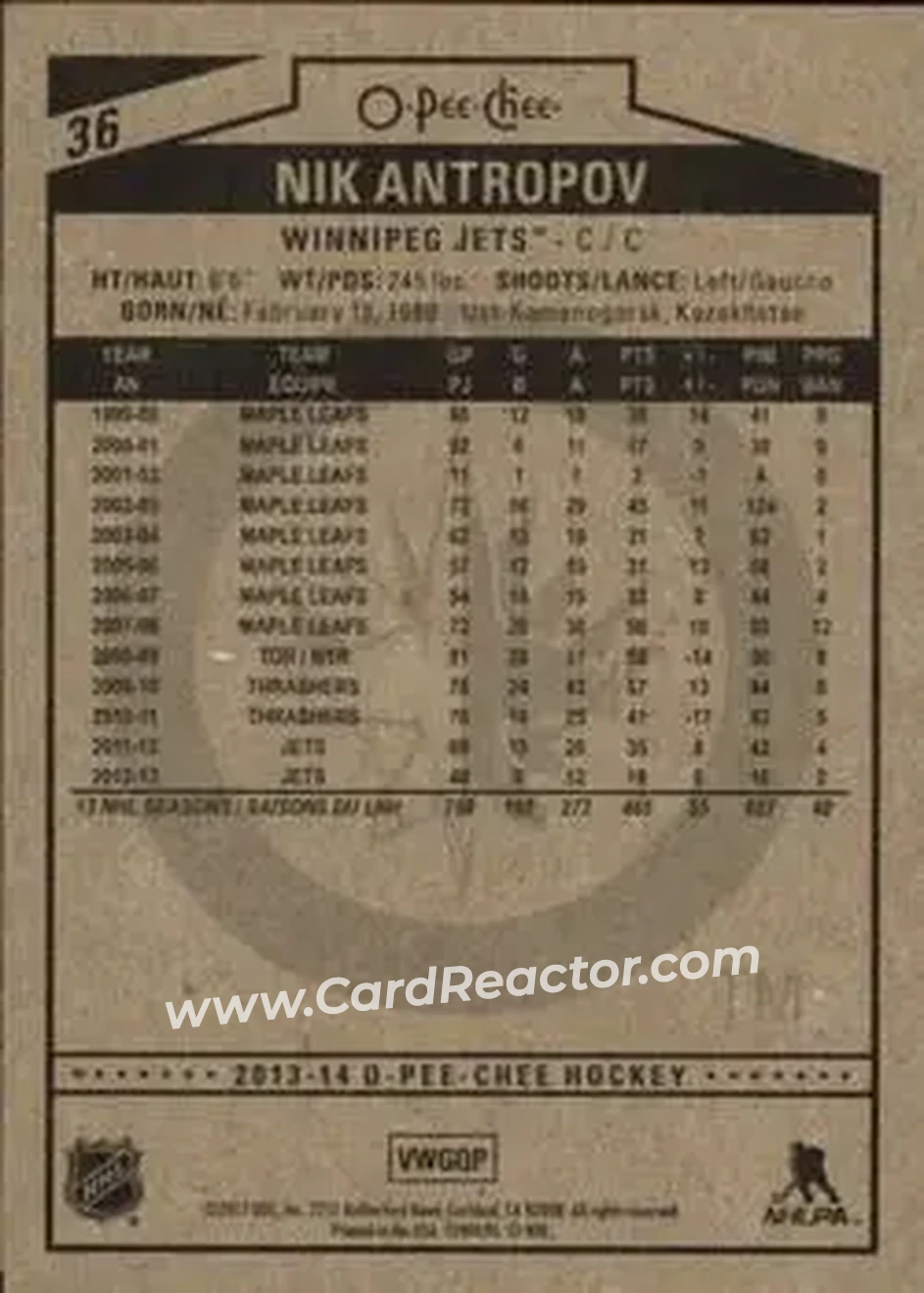 2013-14 O-Pee-Chee #36 - Nik Antropov - Winnipeg Jets - Back