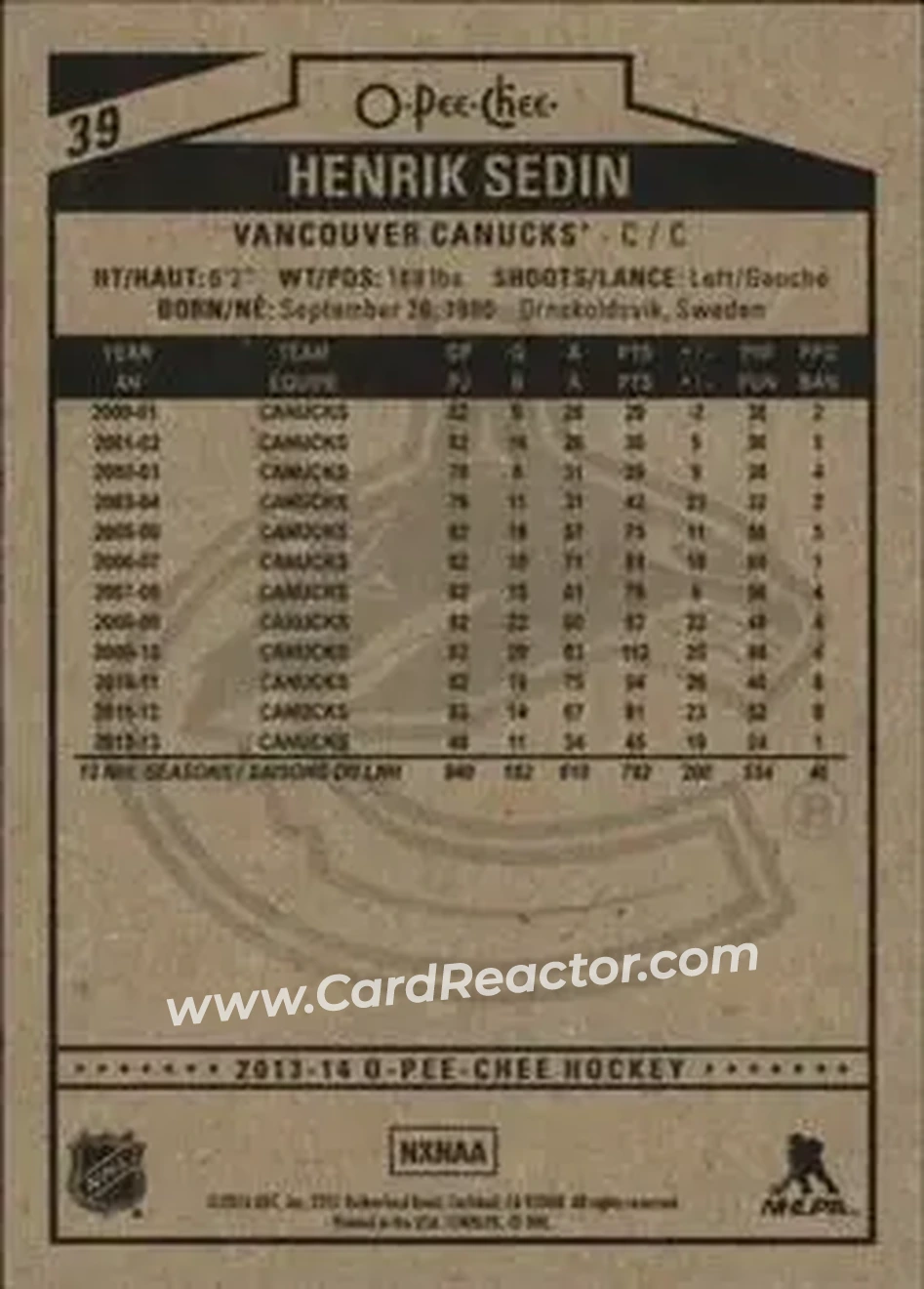2013-14 O-Pee-Chee #39 - Henrik Sedin - Vancouver Canucks - Back