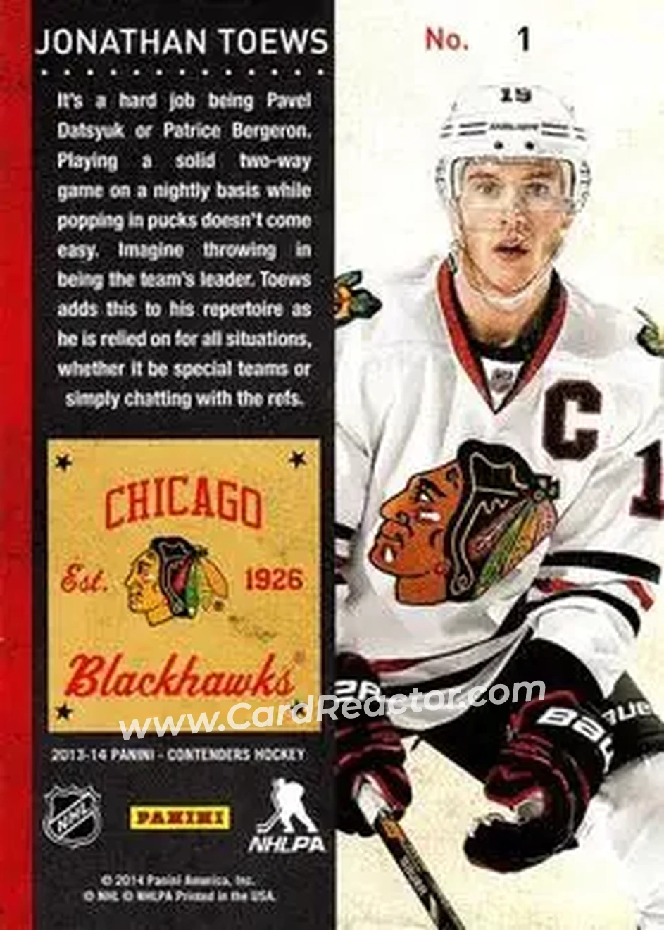 2013-14 Panini Contenders #1 - Jonathan Toews - Chicago Blackhawks - Back