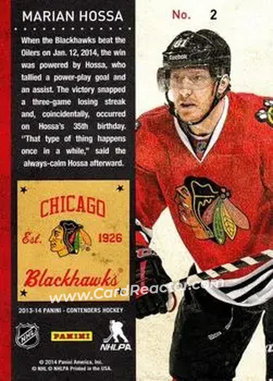2013-14 Panini Contenders #2 - Marian Hossa - Chicago Blackhawks - Back