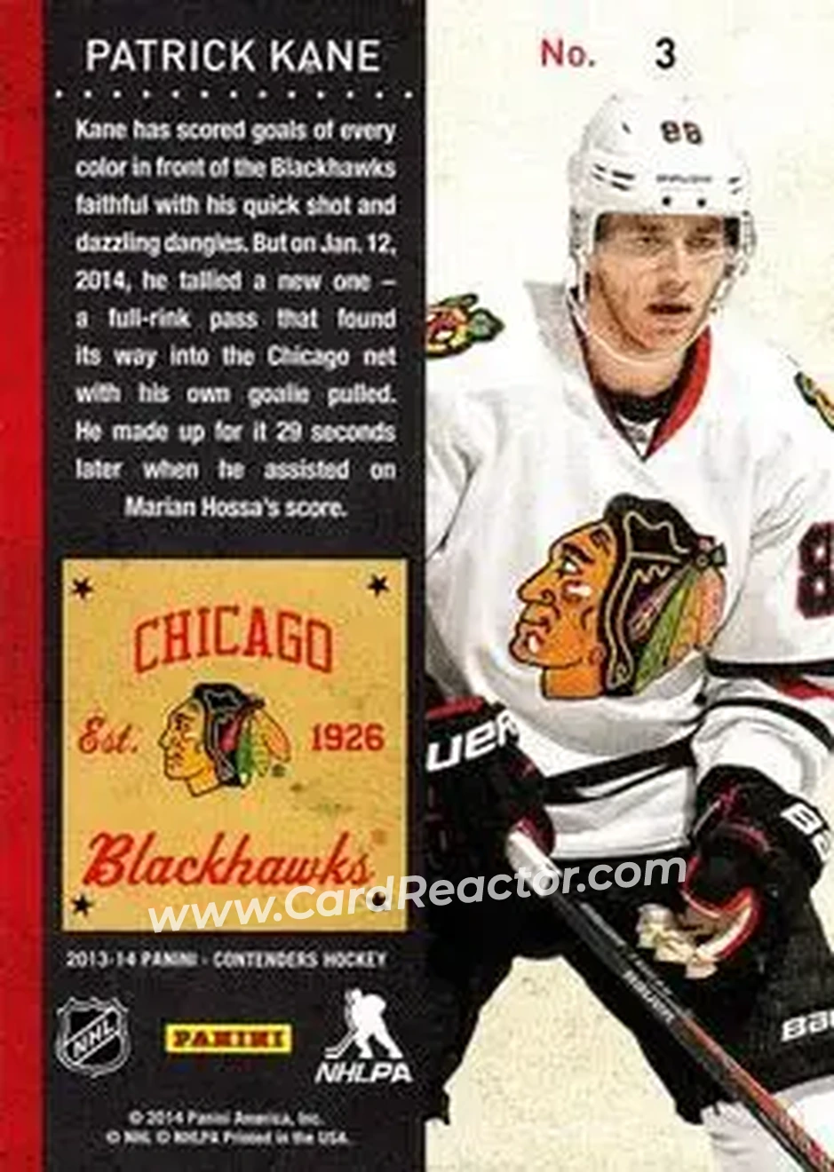 2013-14 Panini Contenders #3 - Patrick Kane - Chicago Blackhawks - Back