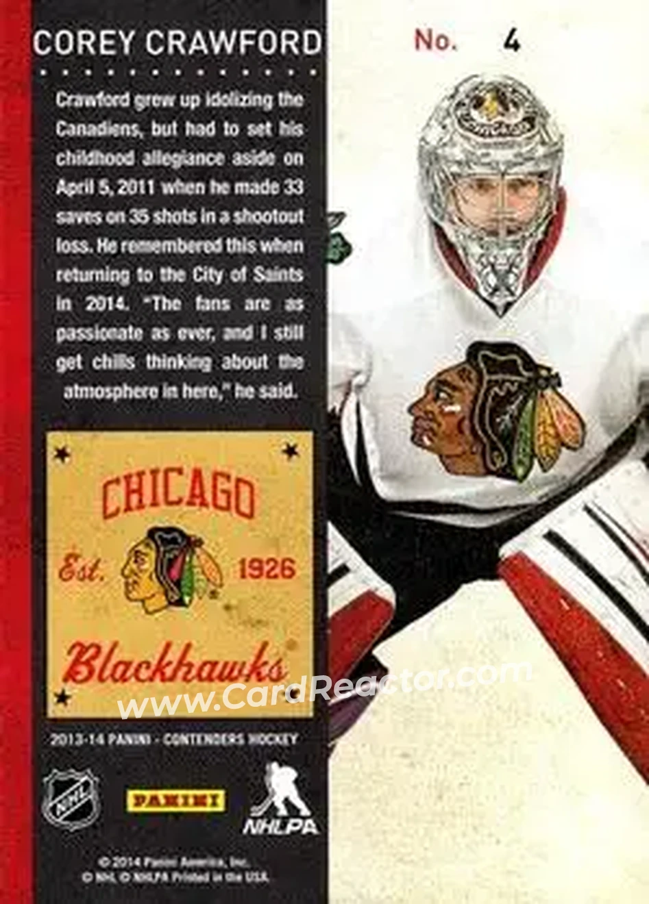 2013-14 Panini Contenders #4 - Corey Crawford - Chicago Blackhawks - Back