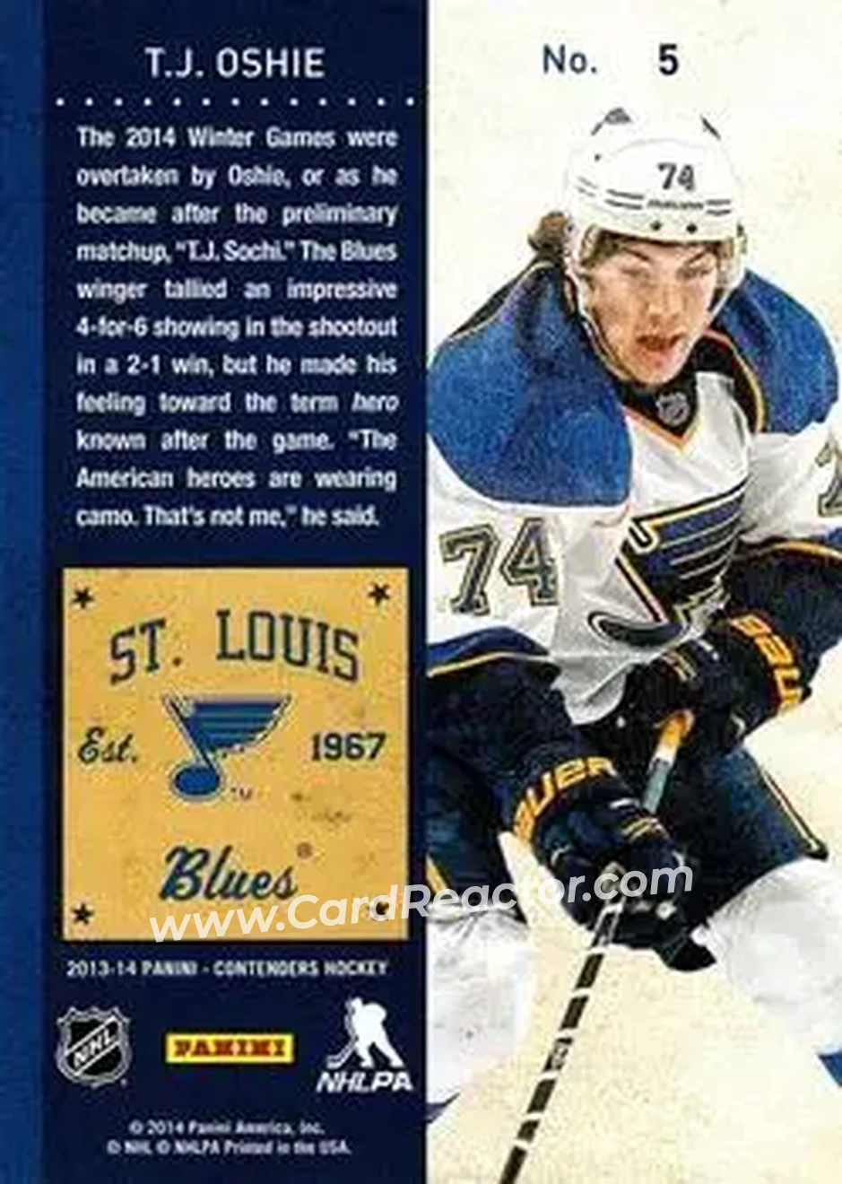 2013-14 Panini Contenders #5 - T.J. Oshie - St. Louis Blues - Back
