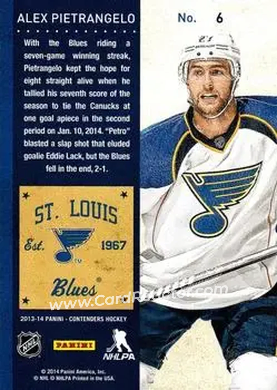 2013-14 Panini Contenders #6 - Alex Pietrangelo - St. Louis Blues - Back