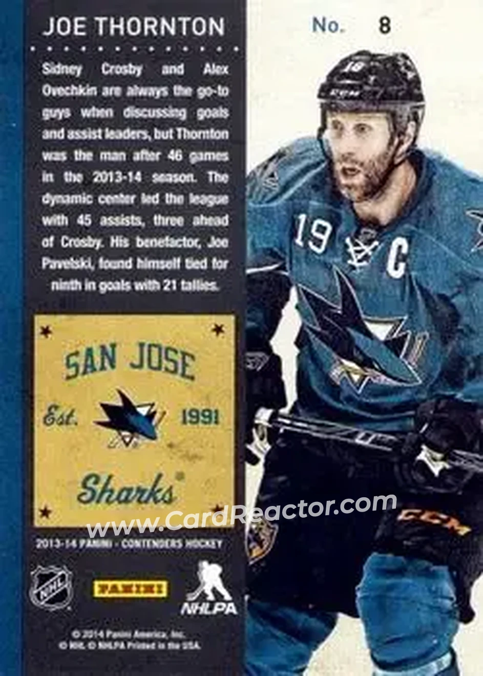 2013-14 Panini Contenders #8 - Joe Thornton - San Jose Sharks - Back