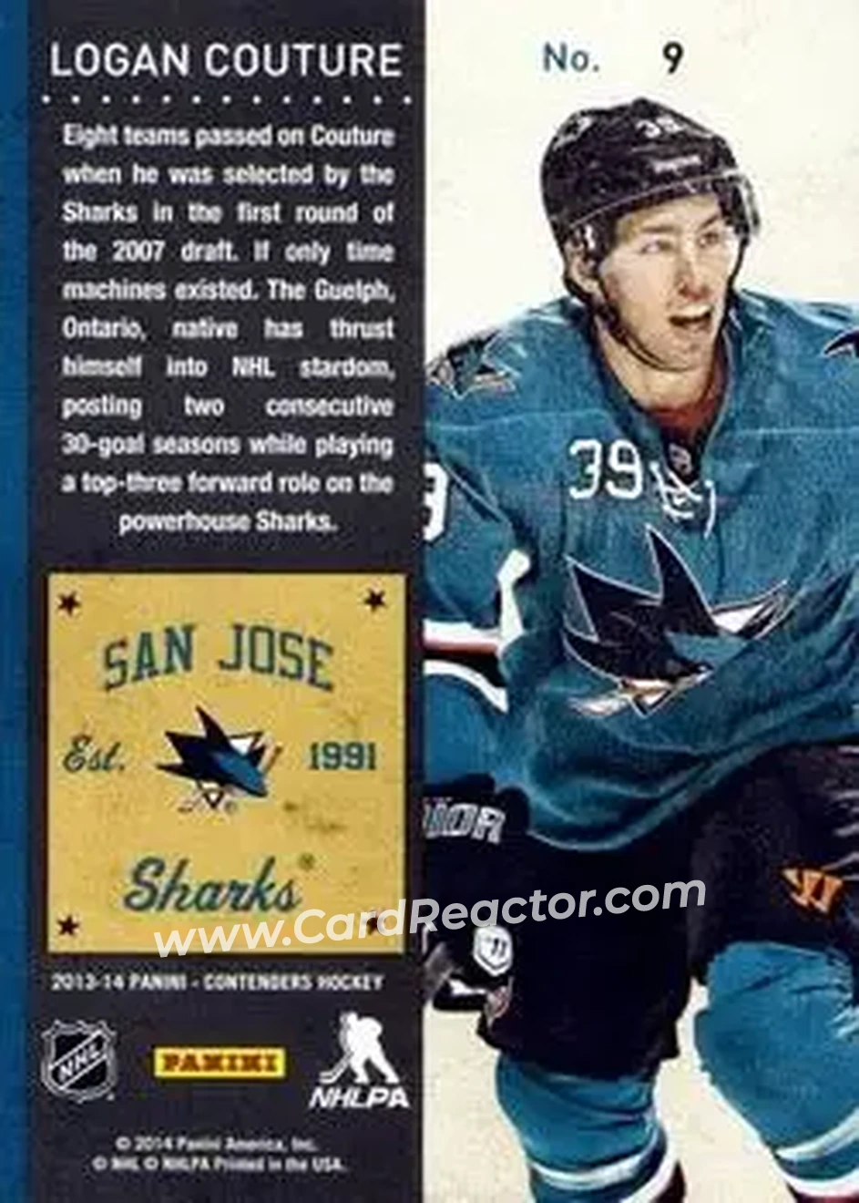 2013-14 Panini Contenders #9 - Logan Couture - San Jose Sharks - Back