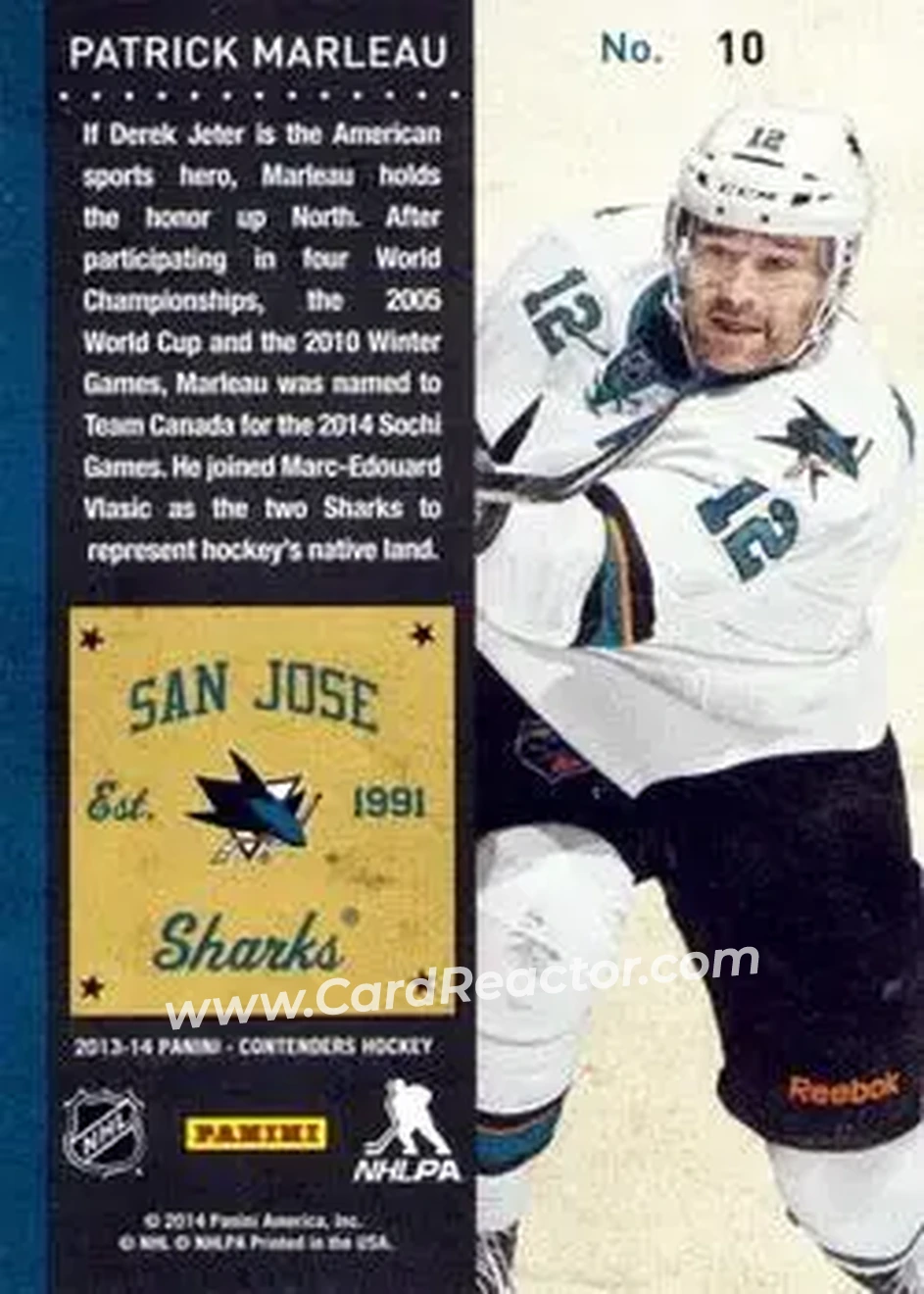 2013-14 Panini Contenders #10 - Patrick Marleau - San Jose Sharks - Back