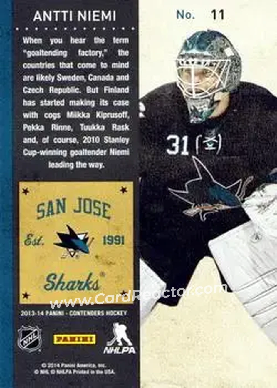 2013-14 Panini Contenders #11 - Antti Niemi - San Jose Sharks - Back