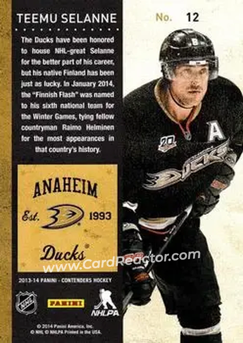 2013-14 Panini Contenders #12 - Teemu Selanne - Anaheim Ducks - Back