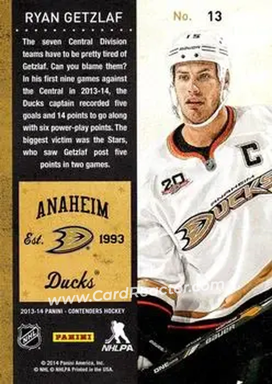 2013-14 Panini Contenders #13 - Ryan Getzlaf - Anaheim Ducks - Back