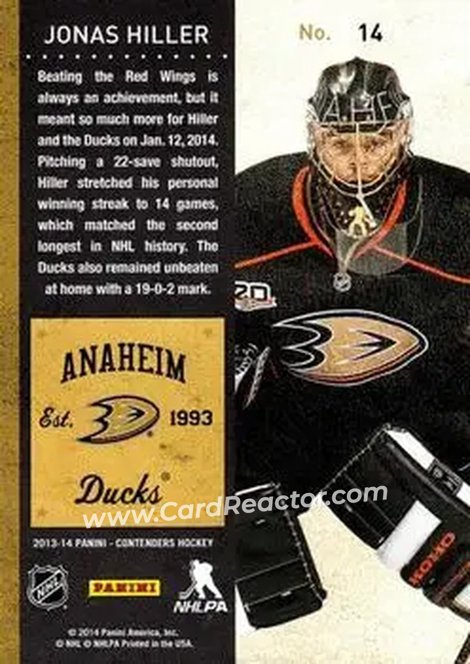 2013-14 Panini Contenders #14 - Jonas Hiller - Anaheim Ducks - Back