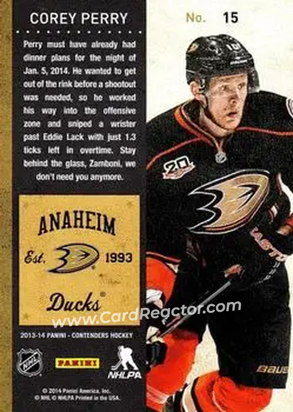 2013-14 Panini Contenders #15 - Corey Perry - Anaheim Ducks - Back 2013-14 Panini Contenders #15 - Corey Perry - Anaheim Ducks - Back