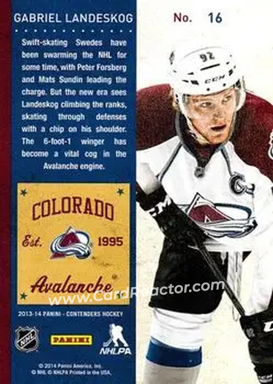 2013-14 Panini Contenders #16 - Gabriel Landeskog - Colorado Avalanche - Back