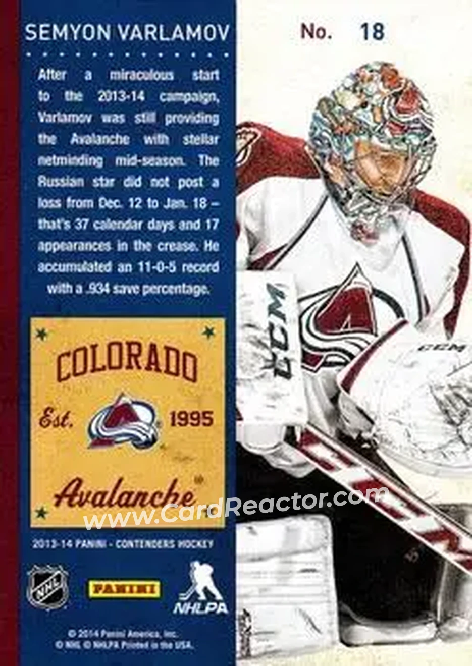 2013-14 Panini Contenders #18 - Semyon Varlamov - Colorado Avalanche - Back