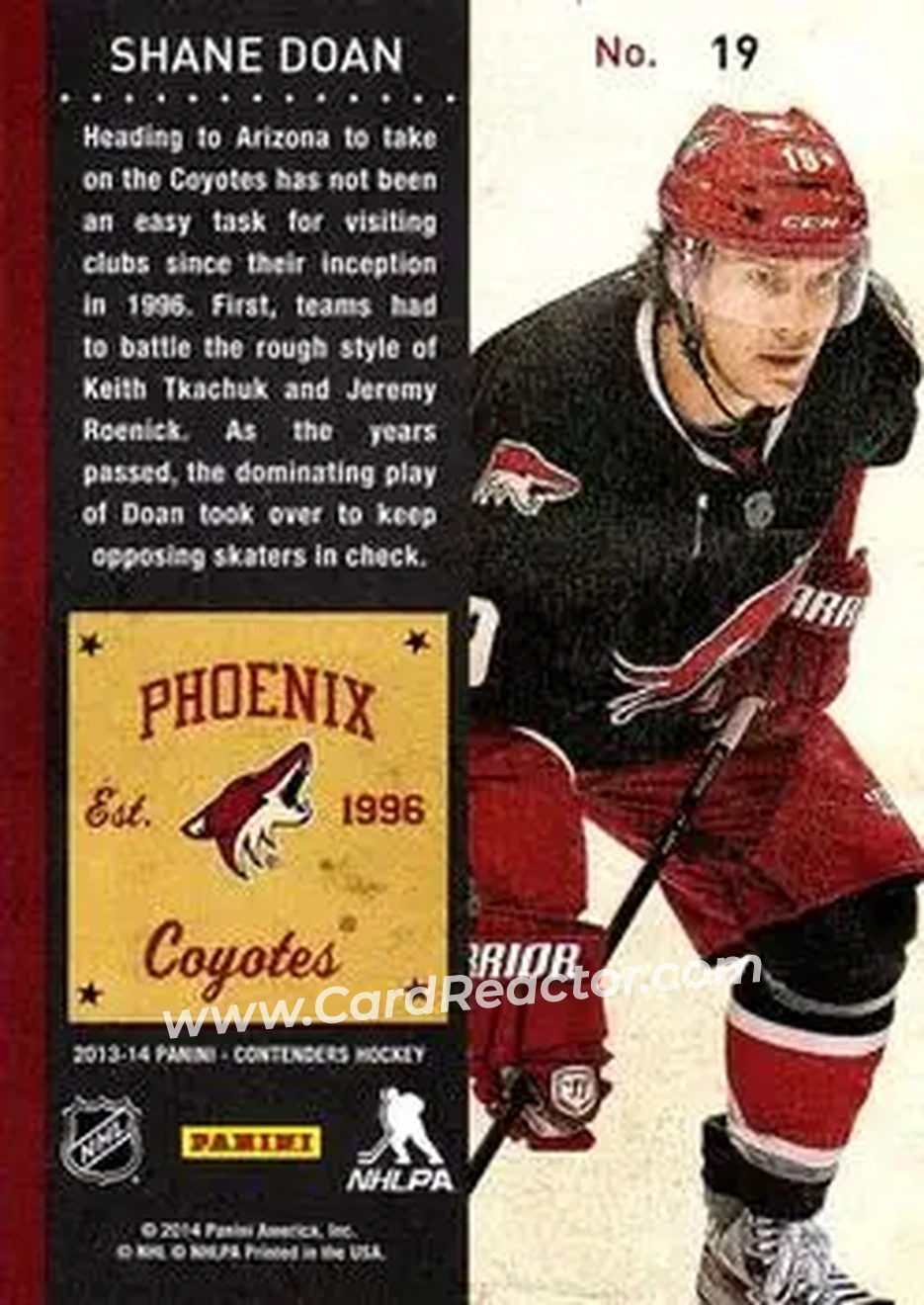 2013-14 Panini Contenders #19 - Shane Doan - Phoenix Coyotes - Back