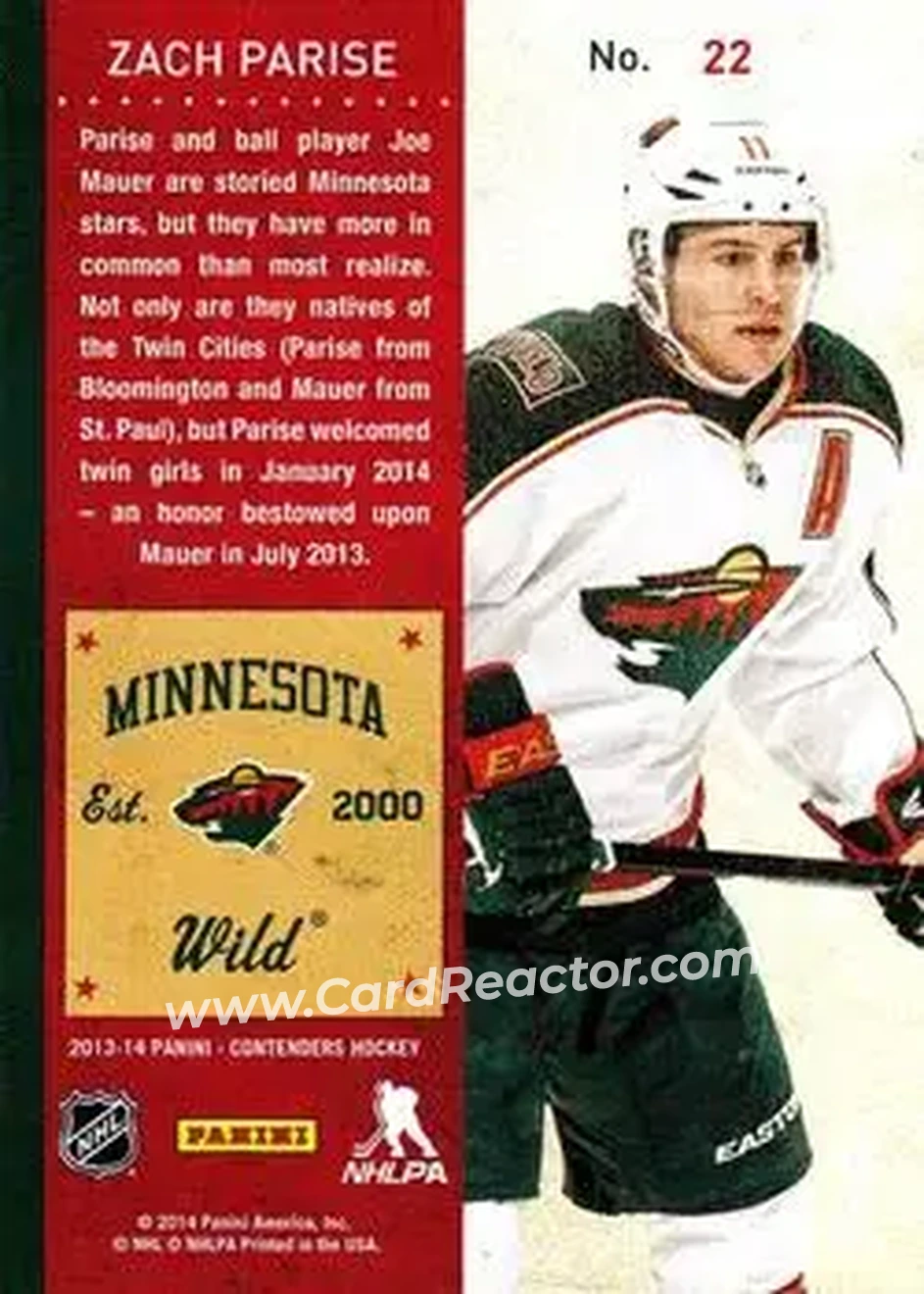 2013-14 Panini Contenders #22 - Zach Parise - Minnesota Wild - Back